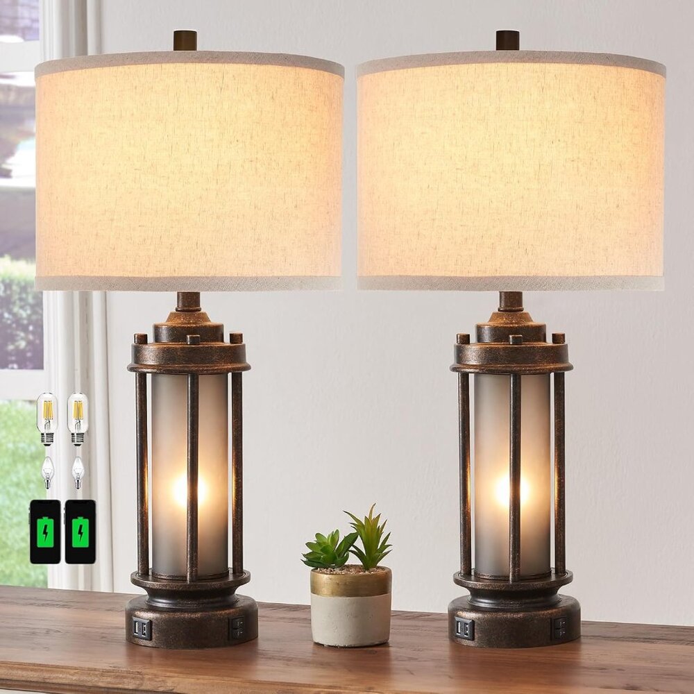 Set Of 2 Farmhouse Living Room Rustic Vintage Bedroom Nightstand Table Lamp - Picture 1 of 8